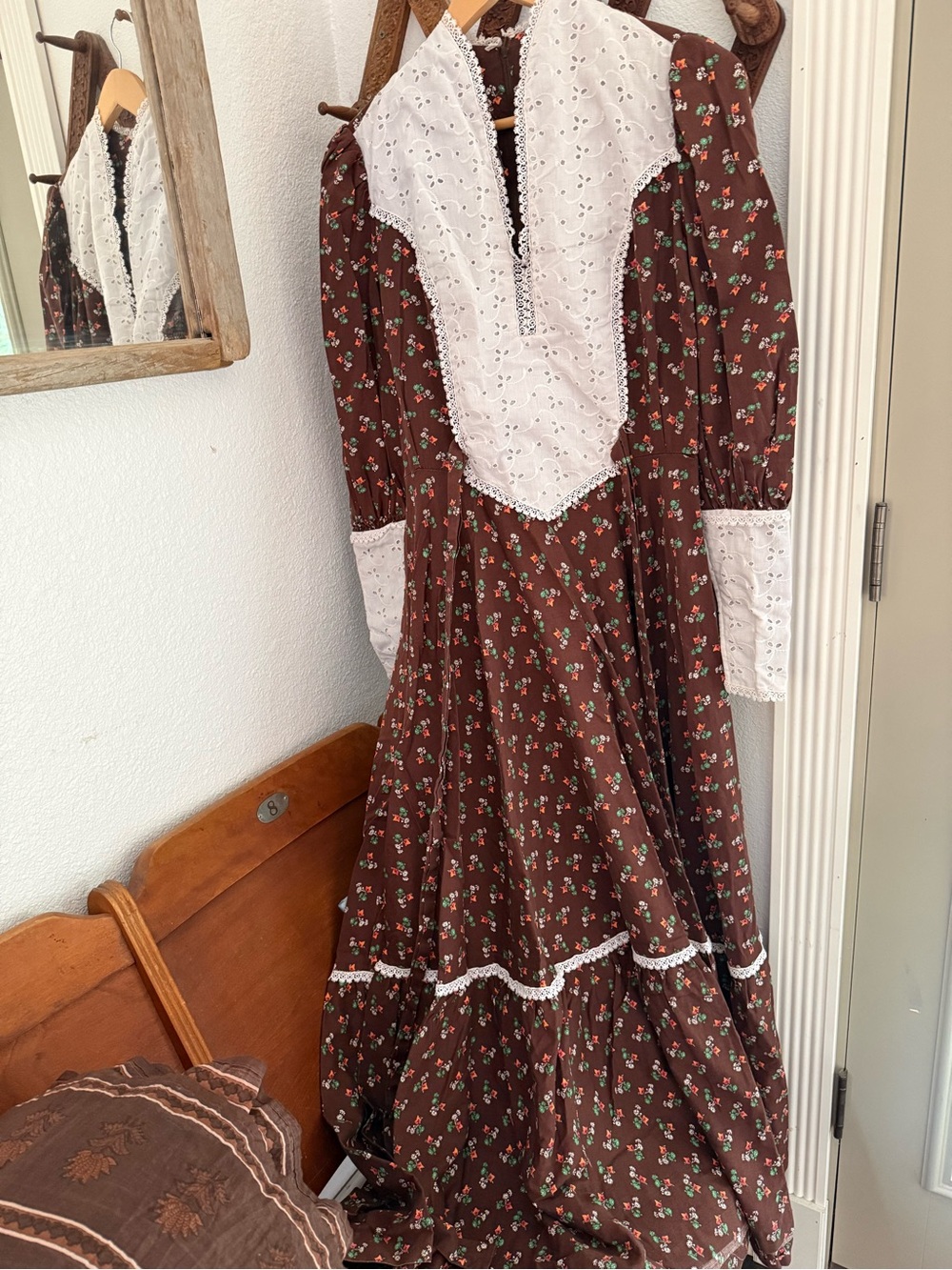 Vintage Brown Floral Maxi Dress with White Eyelet Bib